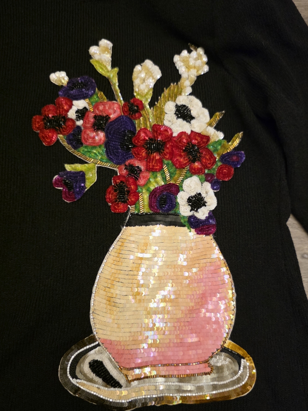 Vtg 80s Pat Sandler Wellmore Sequin Beaded Flower Vase Knit Top Size 10 - Picture 2 of 9